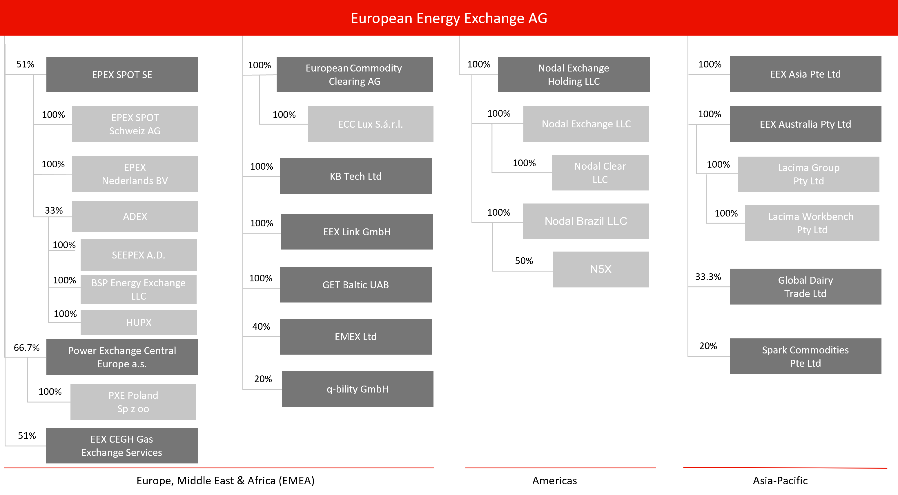 Graphic showing the group structure of European Energy Exchange AG across global regions.